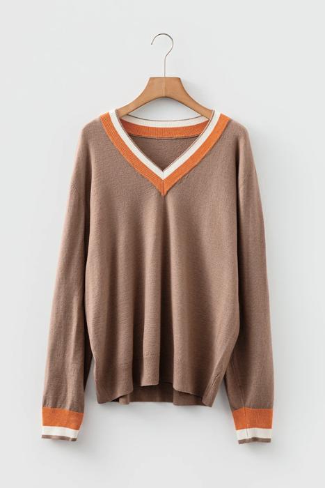 Contrast Striped Trim V Neck Varsity Light Sweater | S-XL