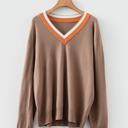  Contrast Striped Trim V Neck Varsity Light Sweater | S-XL