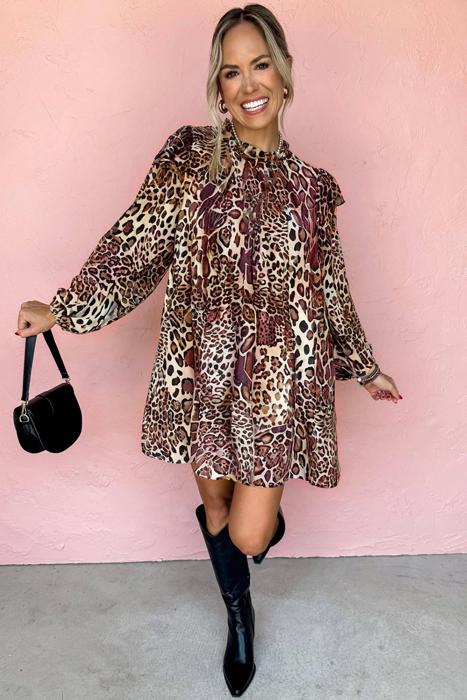 Leopard Print Ruffled Long Sleeve Mini Dress | S-XL