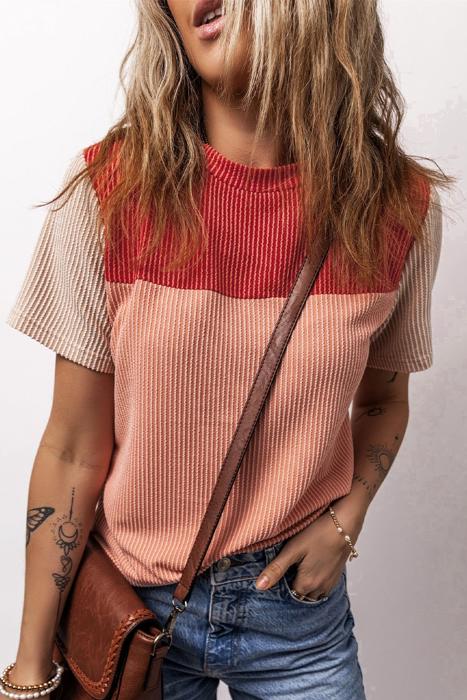 Rib Textured Colorblock Short Sleeve Top | S-XL