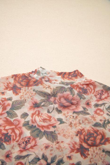 Floral Print Mesh Long Sleeve Top | S-XL