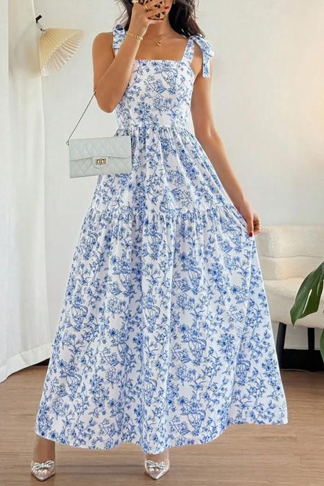 Floral Tie-Strap High Waist Maxi Dress | S-XL