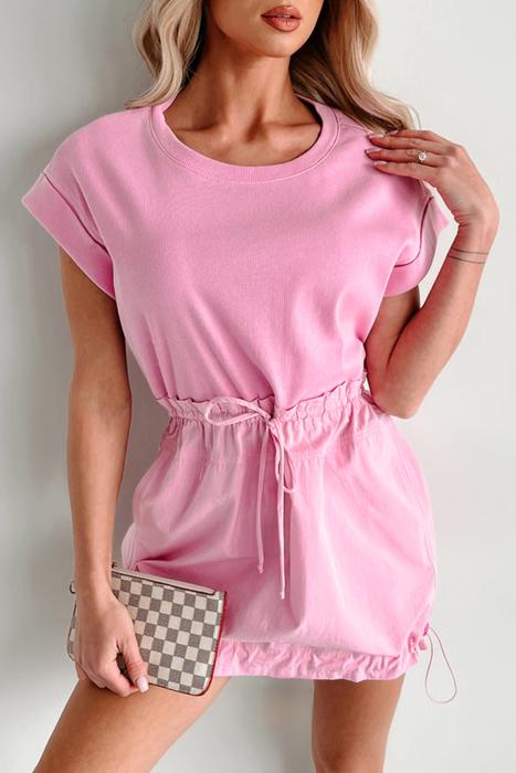 Cuffed Sleeve Patchwork Drawstring Mini Dress | S-XL
