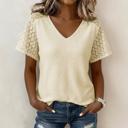 Small Beige Lace Trim Cutout V-Neck Waffle Knit Button Blouse | S-XL