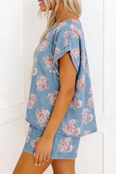 Denim Detail Floral 2pcs Set | S-XL