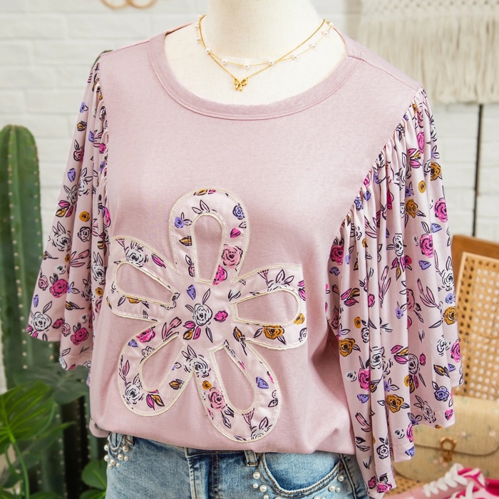 Contrast Floral Patchwork Flowy Half-Sleeve Blouse | S-XL