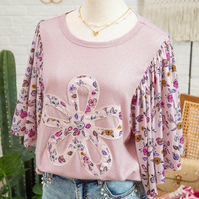 Contrast Floral Patchwork Flowy Half-Sleeve Blouse | S-XL