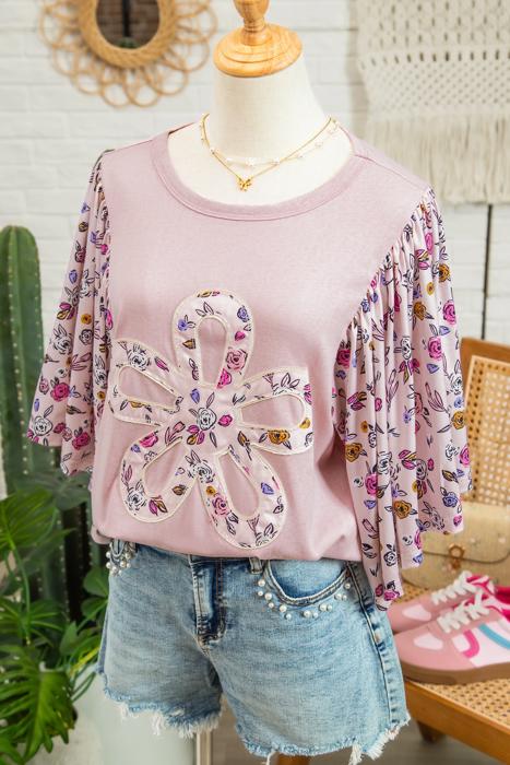 Contrast Floral Patchwork Flowy Half-Sleeve Blouse | S-XL