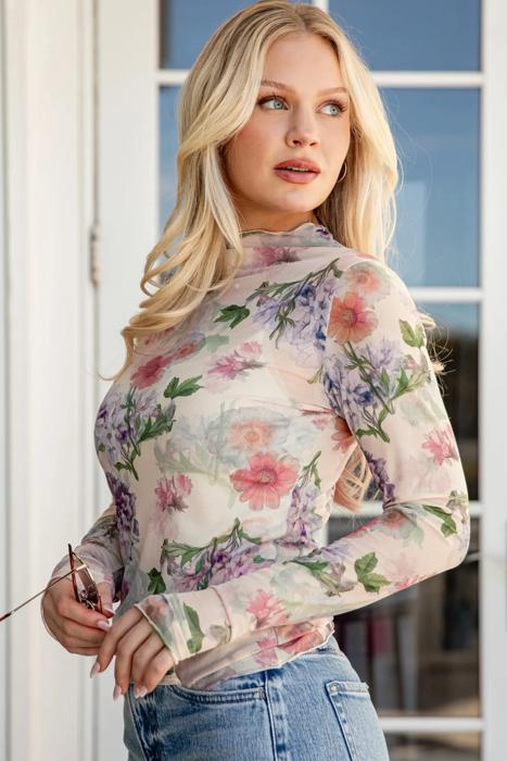 Floral Mesh Fitted Long Sleeve Top | S-XL
