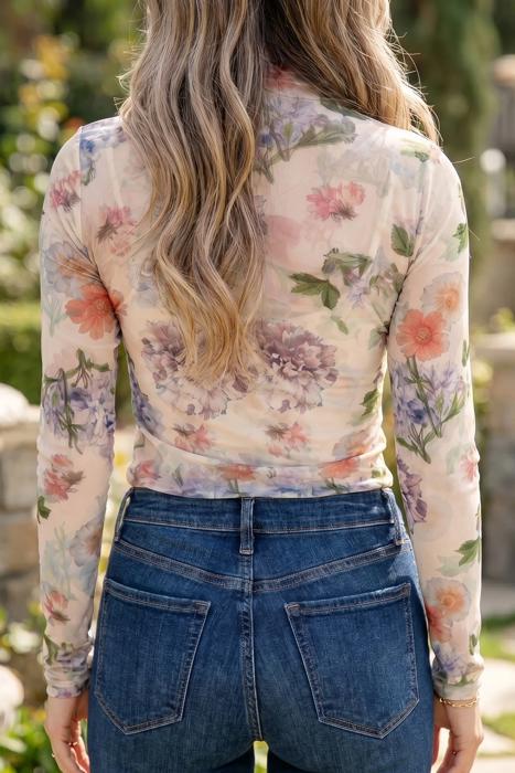 Floral Mesh Fitted Long Sleeve Top | S-XL
