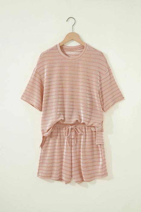 Striped Ribbed Tee & Drawstring Shorts Set | S-XL