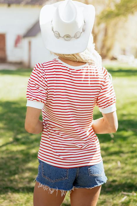 Stripe Trim Round Neck Short Puff Sleeve Top | S-XL