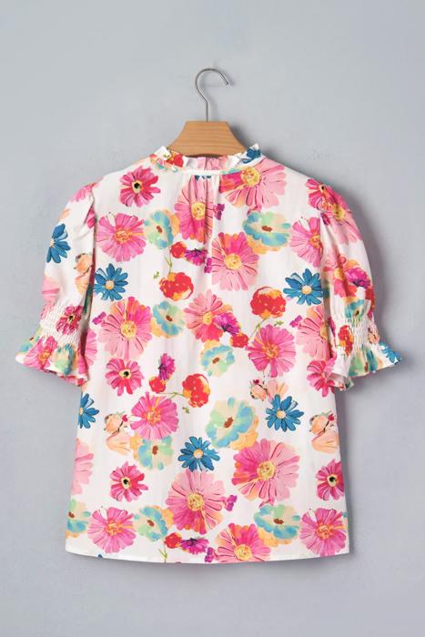 Floral Tie V-Neck Puff Sleeve Top | S-XL
