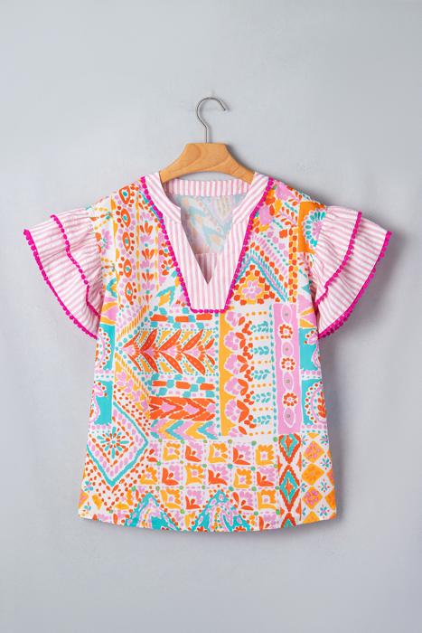 Boho Mixed Print Tiered Short Sleeve Blouse | S-XL