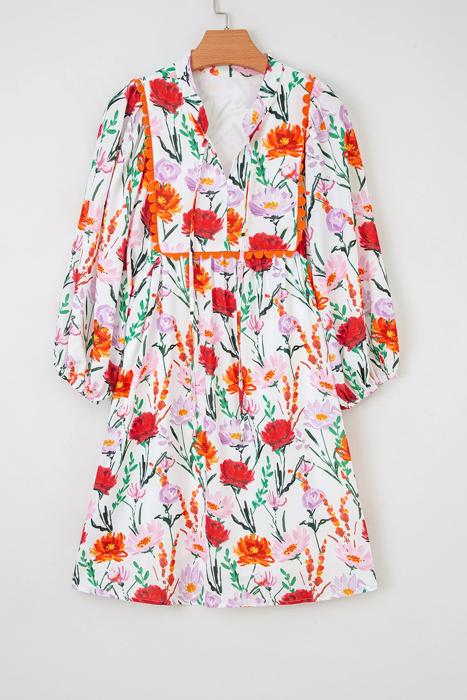 Floral Print Ricrac Trim Puff Sleeve Mini Dress | S-XL