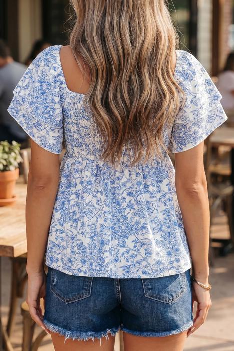 Floral Square-Neck Ruffle Sleeve Blouse | S-XL