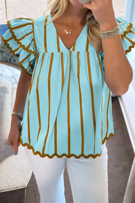 Double Ruffled Sleeve Striped Blouse | S-XL