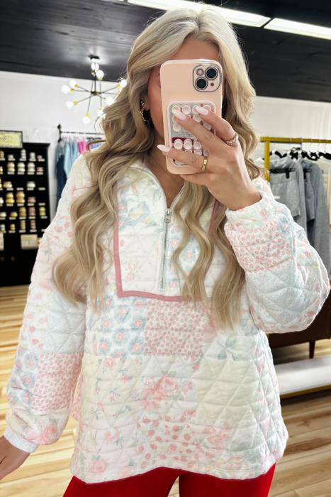 Floral Embroidered Quilted Zip-Up Sweatshirt | S-XL