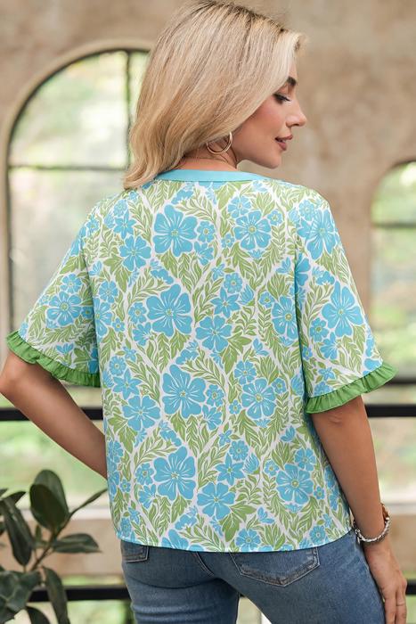 Floral Ruffle Colorblock Trim Blouse | S-XL