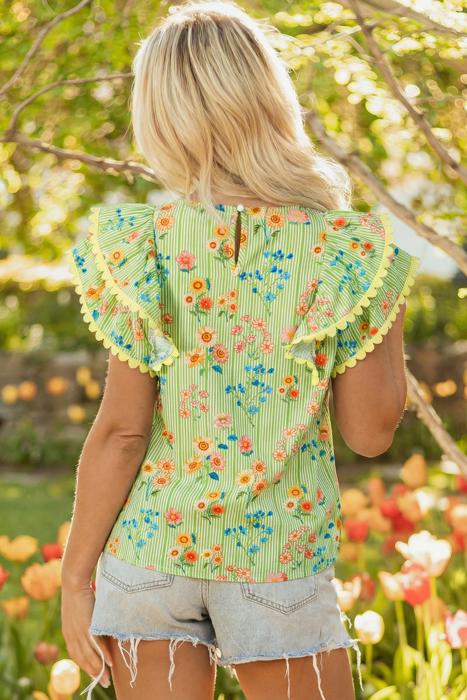 Stripe Floral Ruffle Sleeve Top | S-XL