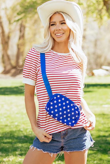 Stripe Trim Round Neck Short Puff Sleeve Top | S-XL