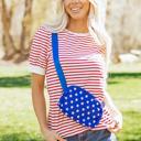  Stripe Trim Round Neck Short Puff Sleeve Top | S-XL