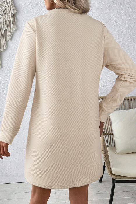 Textured Long Sleeve Side Pockets Shift Dress