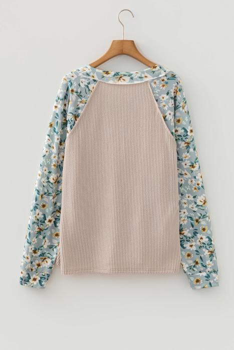 Ribbed Floral Contrast Long Sleeve Top | S-XL