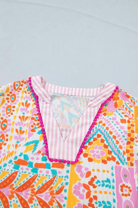 Boho Mixed Print Tiered Short Sleeve Blouse | S-XL