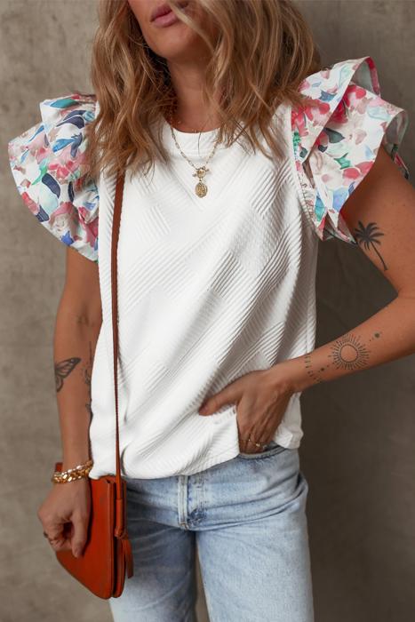 Textured Knit Abstract Print Tiered Sleeve Top | S-XL