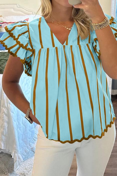 Double Ruffled Sleeve Striped Blouse | S-XL