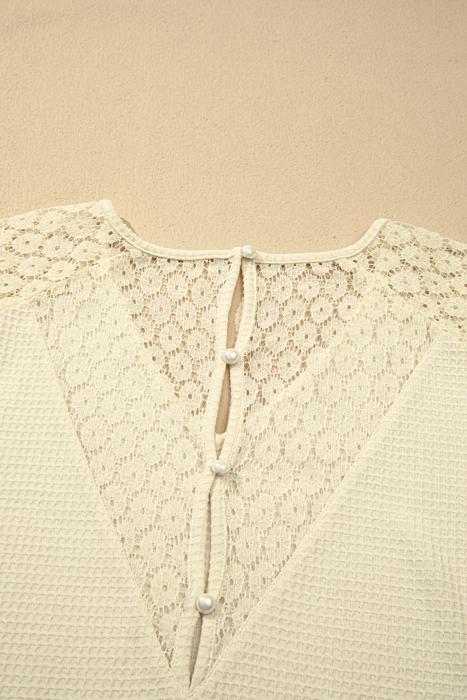 Lace Trim Cutout V-Neck Waffle Knit Button Blouse | S-XL