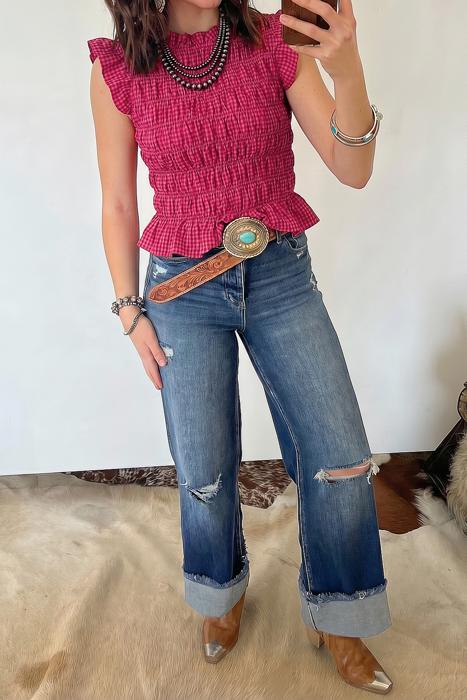 Shirred Plaid Trim Tank | S-XL