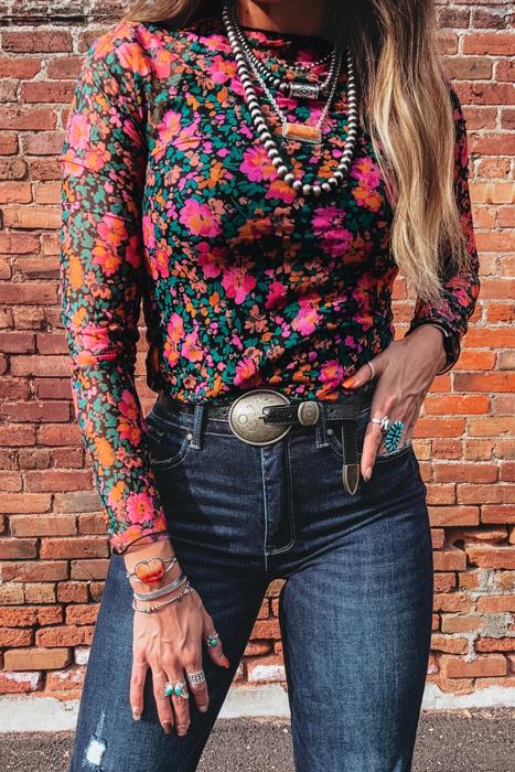 Floral Mesh Mock Neck Long Sleeve Top | S-XL