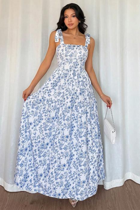 Floral Tie-Strap High Waist Maxi Dress | S-XL
