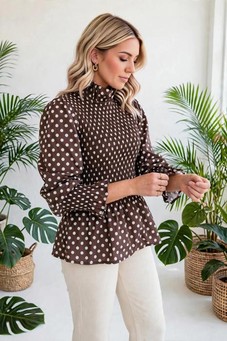 Polka Dot Shirred High Neck Ruffle Blouse | S-XL