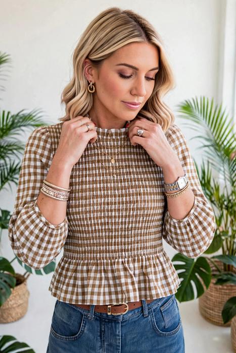 Sweetheart Shirred Plaid Peplum Top | S-XL