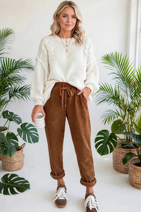 Cozy Season Babe Elastic Waist Corduroy Pants with Pockets | S-XL