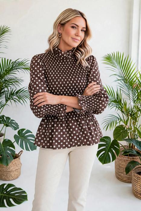 Polka Dot Shirred High Neck Ruffle Blouse | S-XL