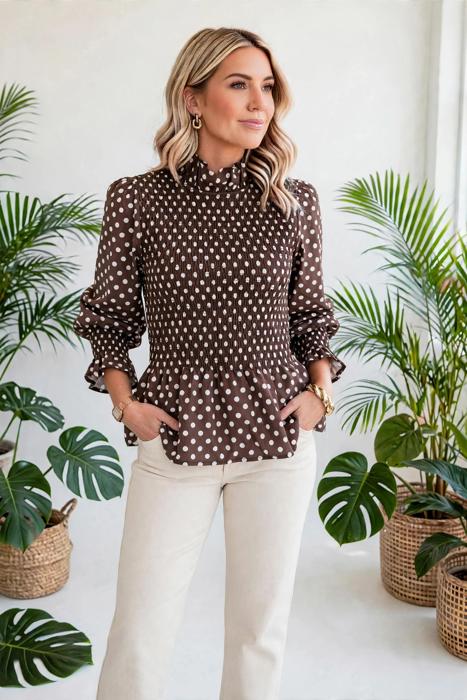 Polka Dot Shirred High Neck Ruffle Blouse | S-XL