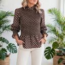  Polka Dot Shirred High Neck Ruffle Blouse | S-XL
