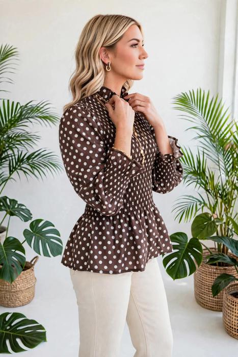 Polka Dot Shirred High Neck Ruffle Blouse | S-XL
