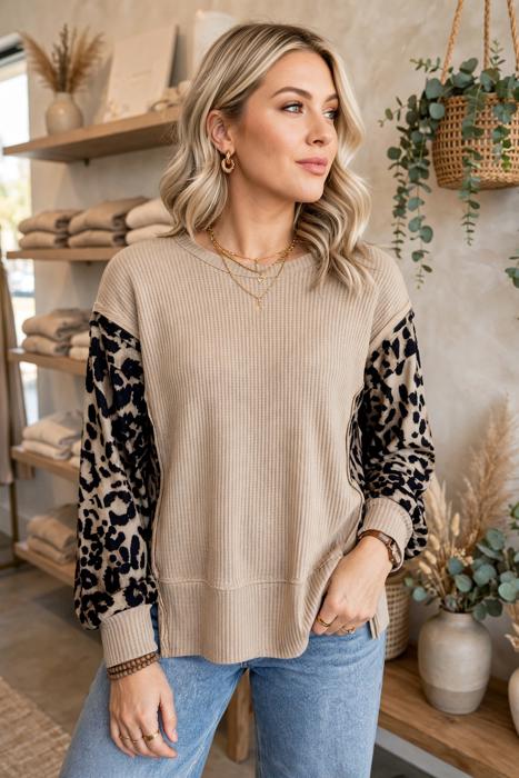 Leopard Sleeve Waffle Knit Split Hem Top | S-XL
