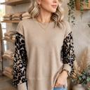  Leopard Sleeve Waffle Knit Split Hem Top | S-XL