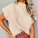 Large Oatmeal Pocket Ribbed Knit Short Sleeve Sweater | S-XL