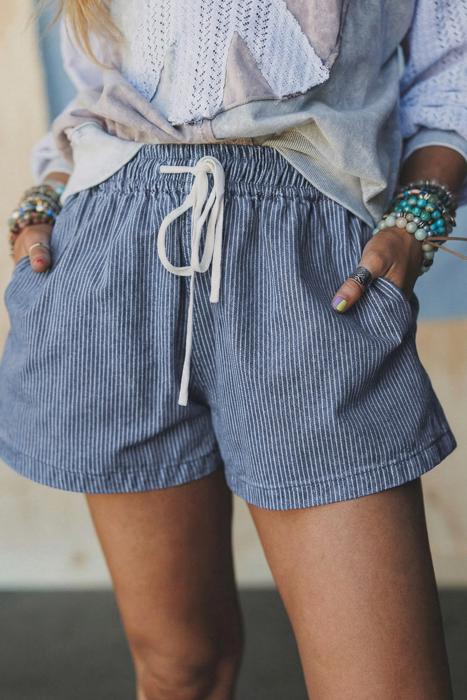 Striped Drawstring Elastic Waist Denim Shorts | S-XL