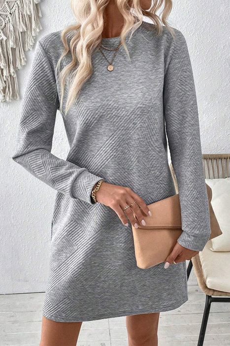 Textured Long Sleeve Side Pockets Shift Dress