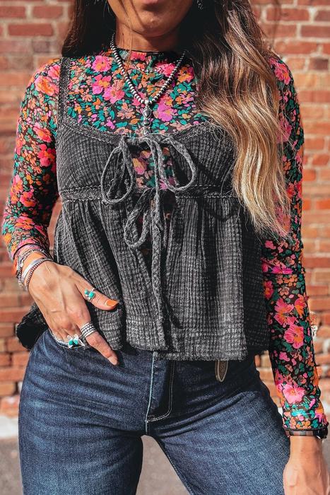 Floral Mesh Mock Neck Long Sleeve Top | S-XL