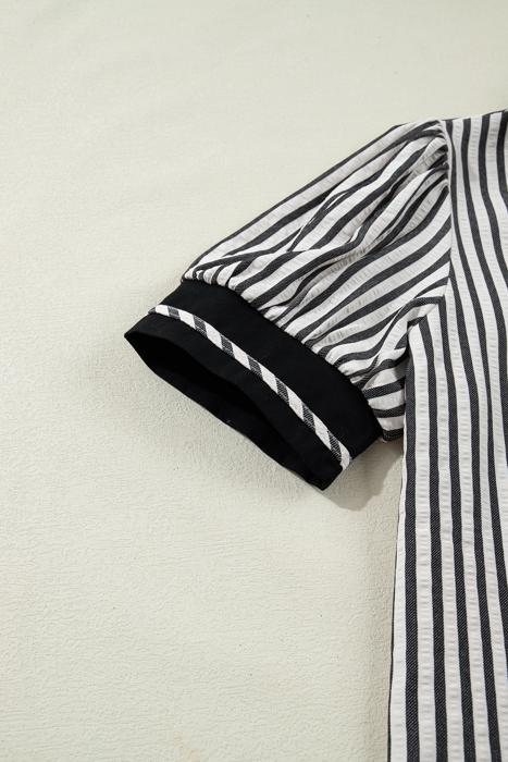 Classic Stripe Collared Bubble Sleeve Blouse | S-XL