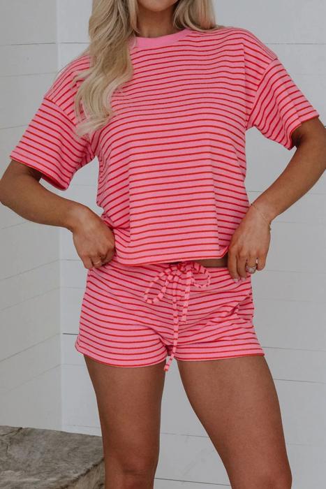 Striped Knit T-Shirt & Elastic Waist Shorts Set | S-XL
